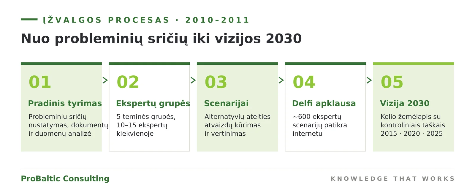 Ateities įžvalgos procesas: nuo probleminių sričių iki vizijos 2030 — penki etapai