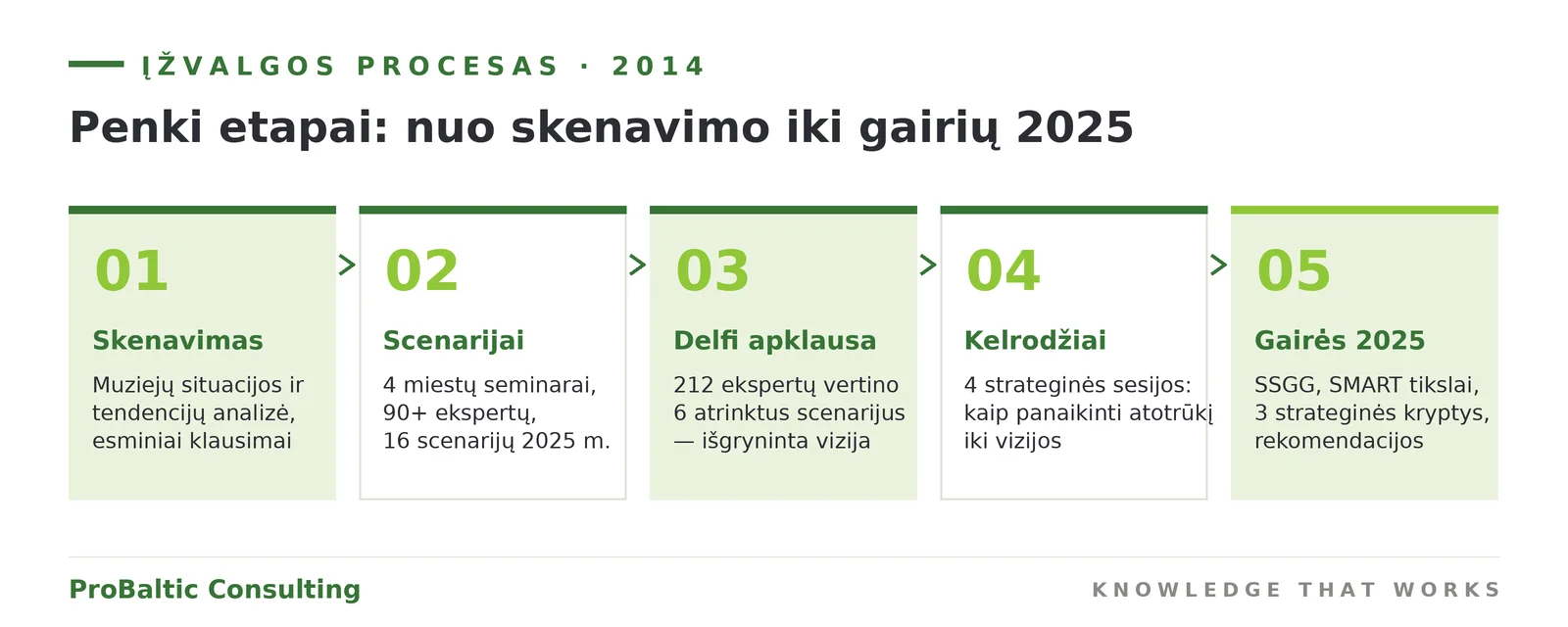 Muziejų ir mokyklų bendradarbiavimo įžvalgos procesas 2014 m.: penki etapai nuo skenavimo iki gairių 2025