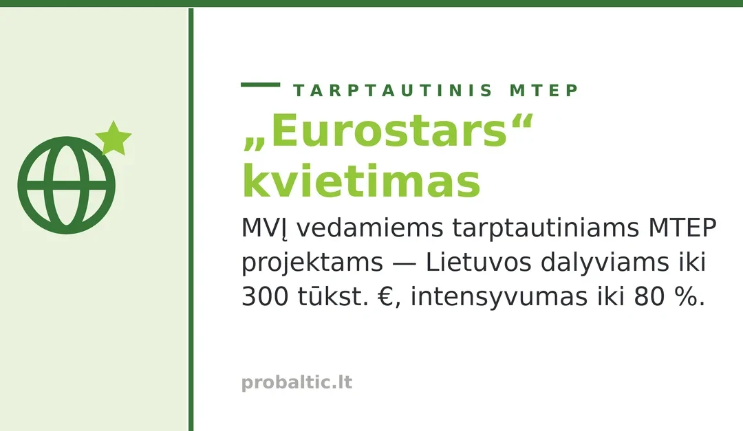 „Eurostars” kvietimas: iki 300 tūkst. € tarptautiniams MTEP projektams — paraiškos iki rugsėjo 10 d.