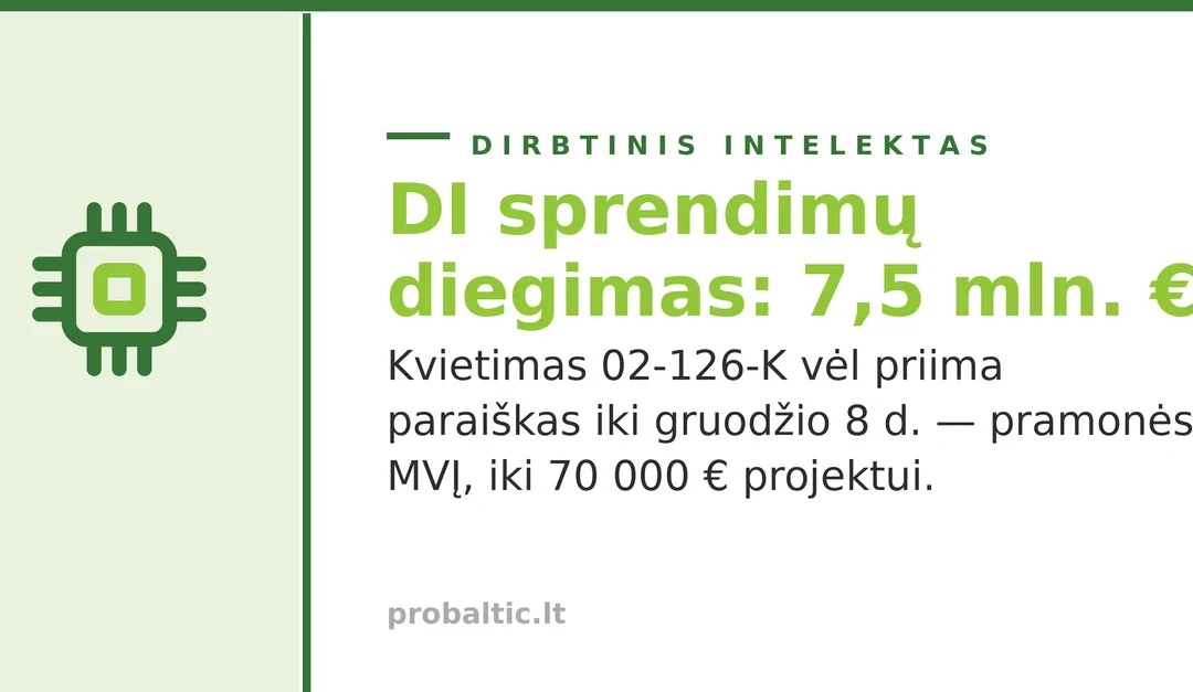„Dirbtinio intelekto sprendimų diegimas“ vėl priima paraiškas: 7,5 mln. €, terminas — gruodžio 8 d. „Dirbtinio intelekto sprendimų diegimas“ vėl priima paraiškas: 7,5 mln. €, terminas — gruodžio 8 d.