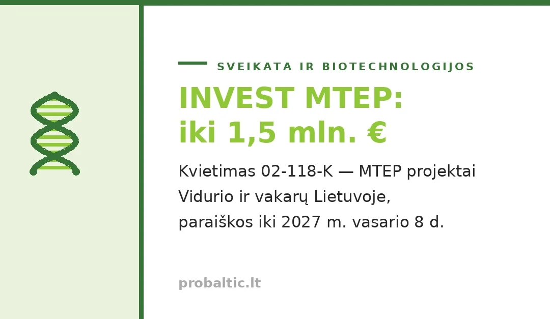 Paskelbtas kvietimas INVEST MTEP (02-118-K): iki 1,5 mln. € sveikatos technologijų ir biotechnologijų MTEP projektams